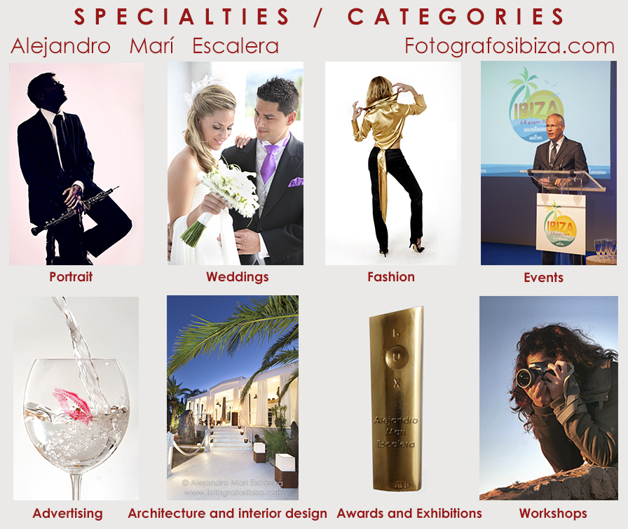 Menu specialties ibiza professional photographer wedding portrait fashion interior decoration arquitecture nude